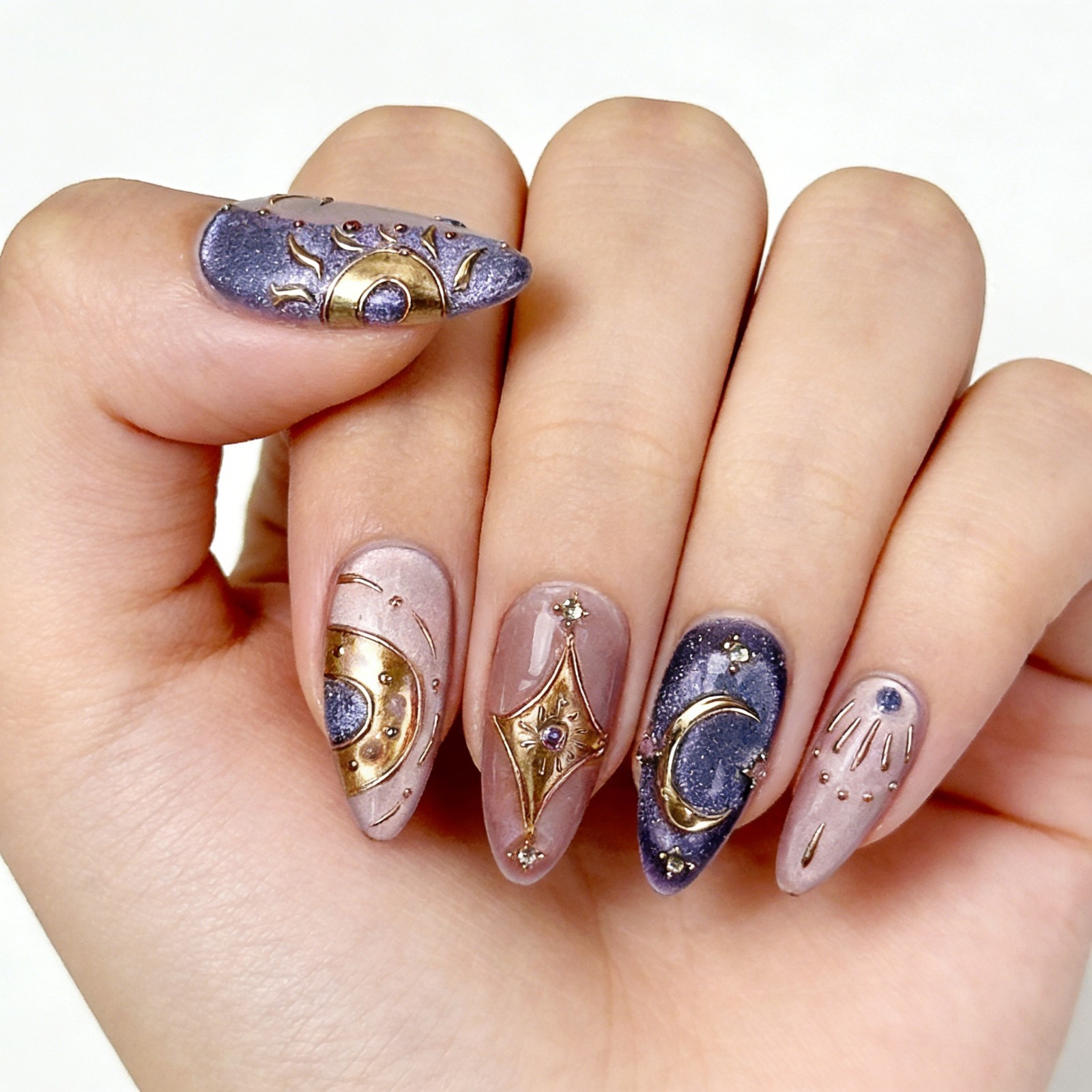 Press On Nails Medium Almond Purple Gold Celestial Moon Star Nail Art Glue Set