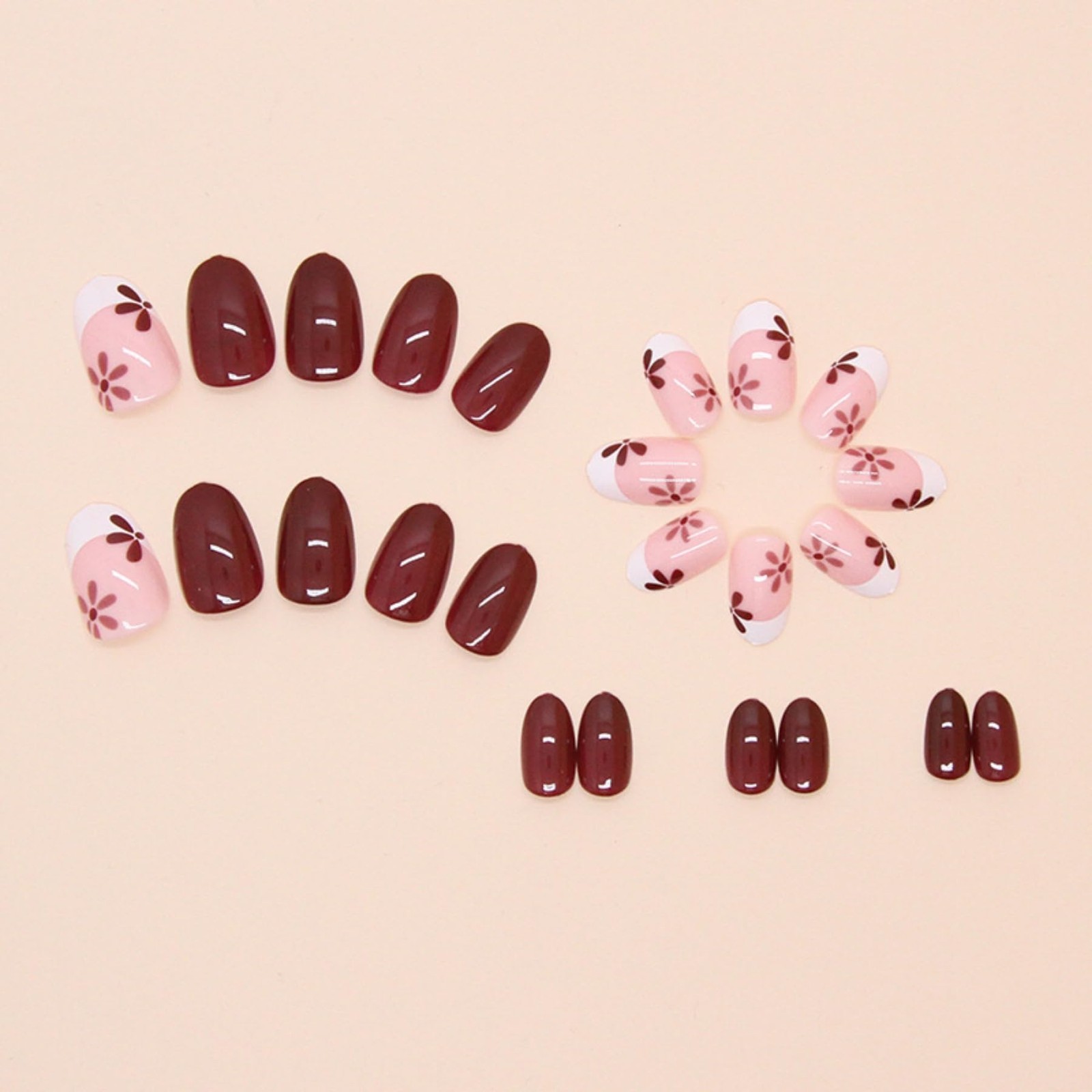 Walnut Brown Press on Nails Almond Fake Nails with Glue Glossy Flower False N…