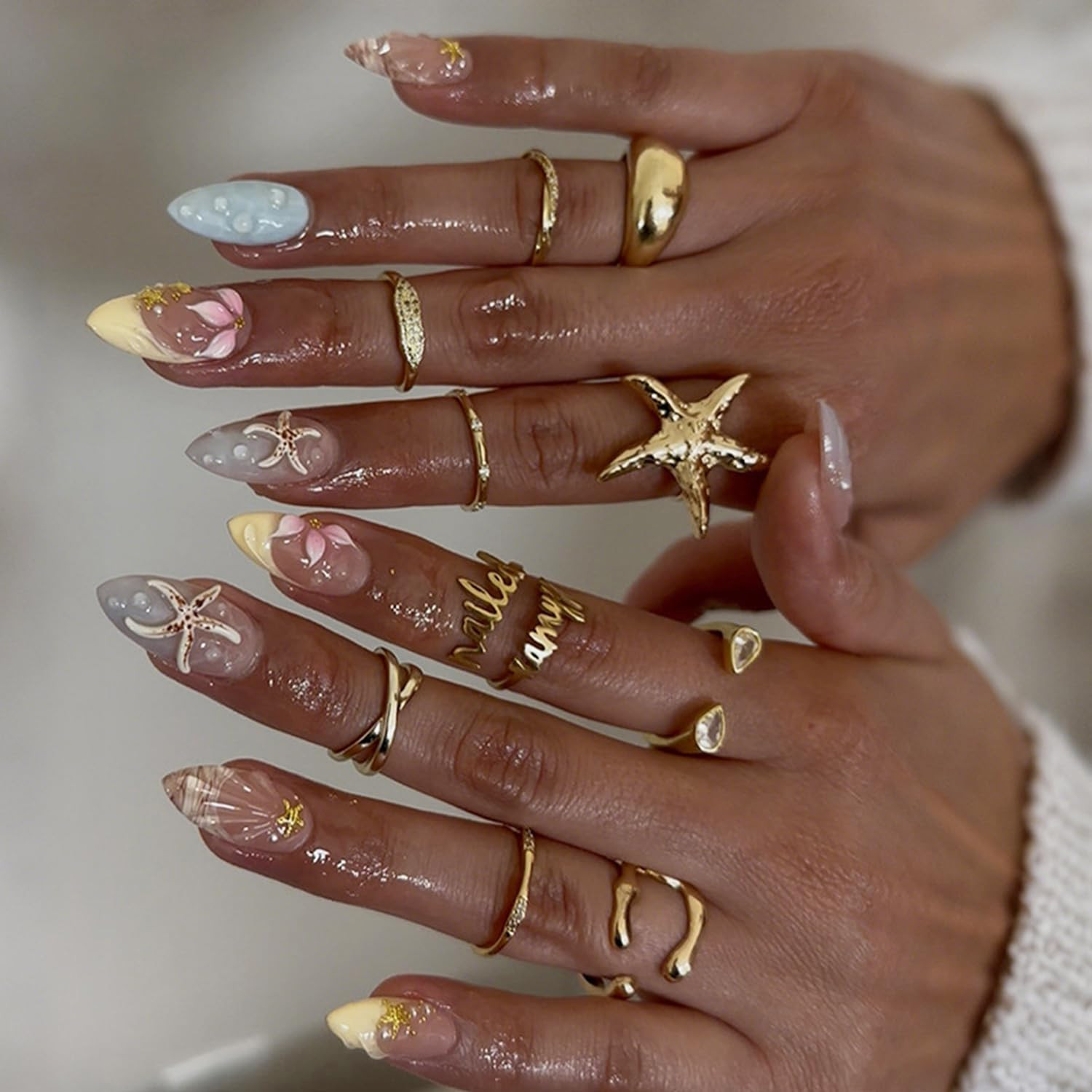 30Pcs Spring Summer Press on Nails Medium Almond Fake Nails with 3D Flower Leaf