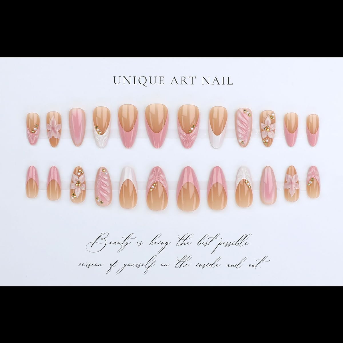 Yefiuo Medium Almond Press on Nails Flower Acrylic Fake Nails Press Ons Pink Fre