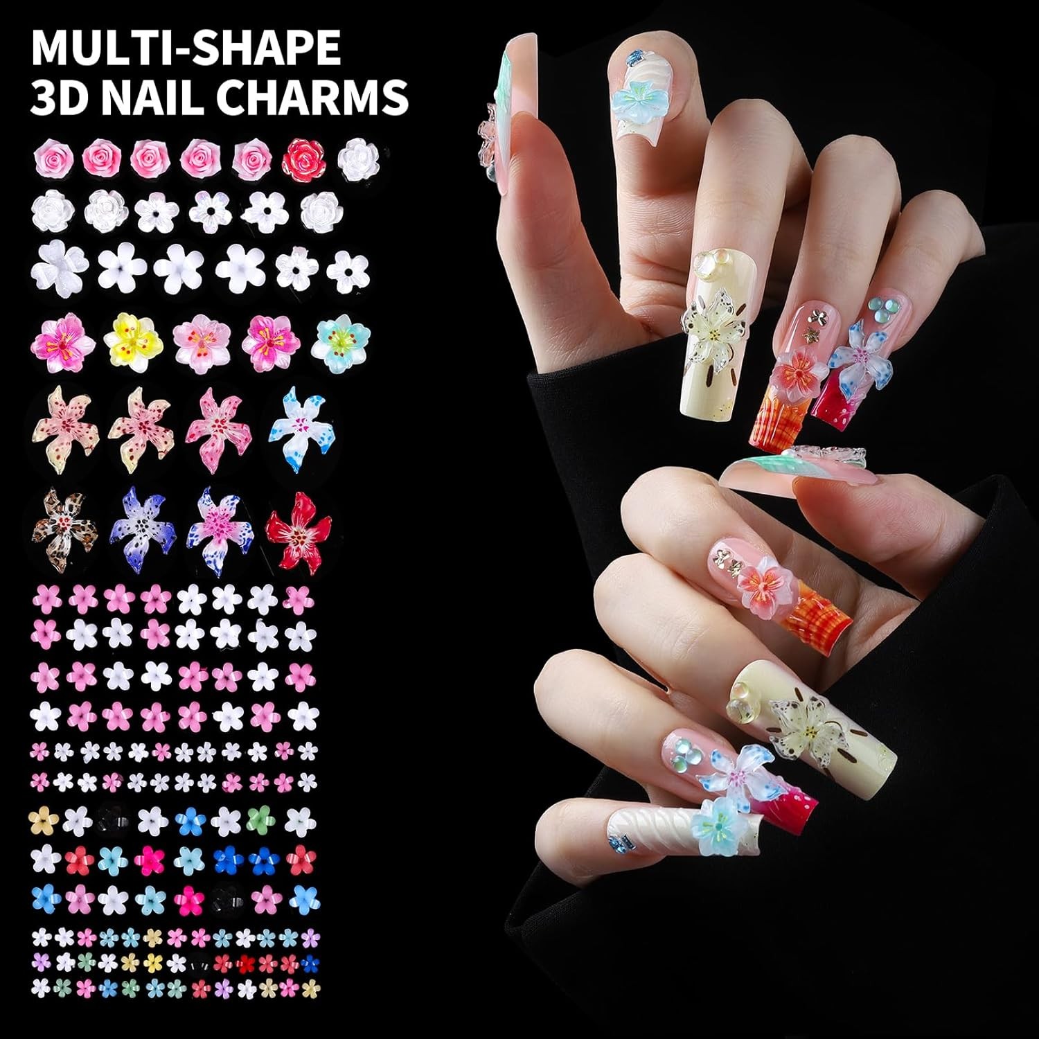 24 Grid Nail Charms Kit 3D Flowers Hearts Pearls Rhinestones Gems for DIY