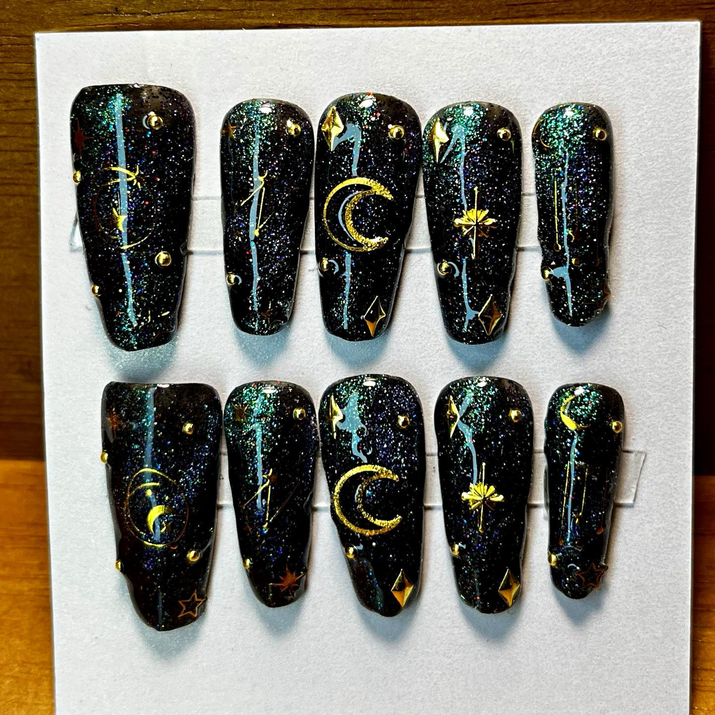 Long Coffin Acrylic Press-On Nails Purple and Green Cat Eye Galaxy Moon & Stars