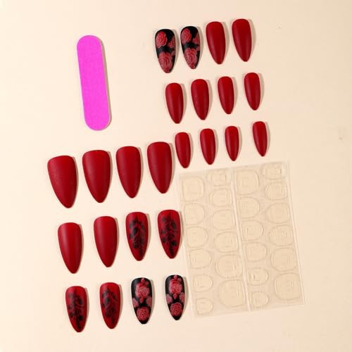 Red Rose Flower Press On Nails – Black Leaves Acrylic Medium Valentine Almond 9