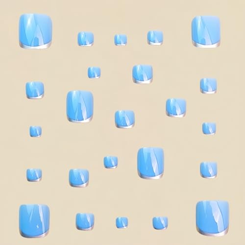 Summer Press on Toe Nails – Silver French Fake Toenails – Short Square Design 1