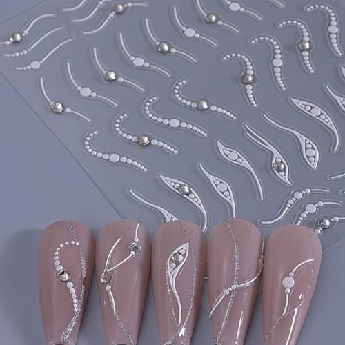 French Line Nail Art Stickers 3D Embossed Diamond Nail silver diamond swirl