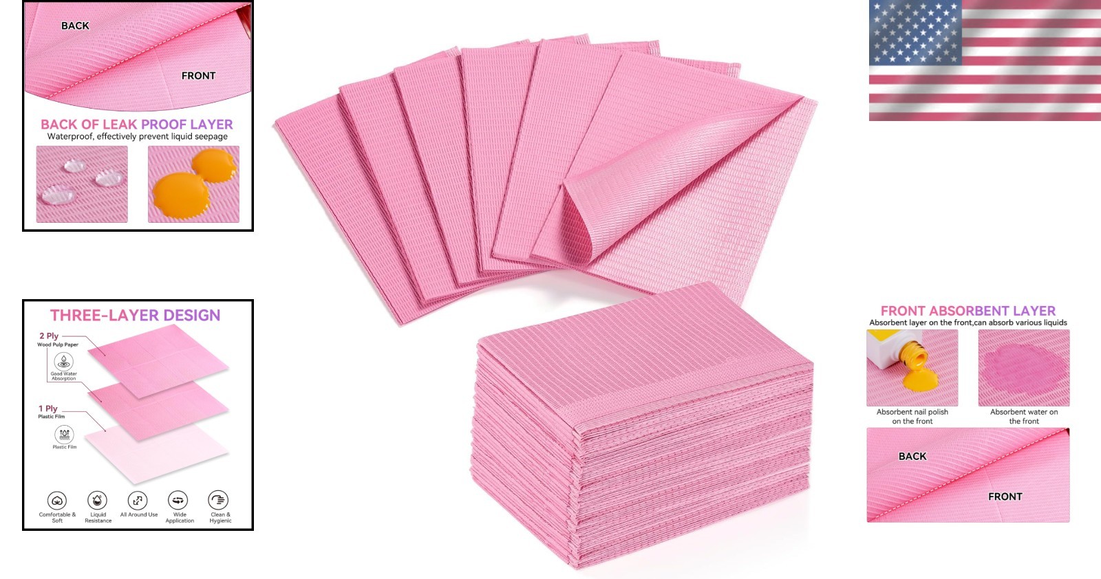 50-Pcs Disposable Pink Nail Mats – 3-Layer Absorbent Desk Protection for Salons