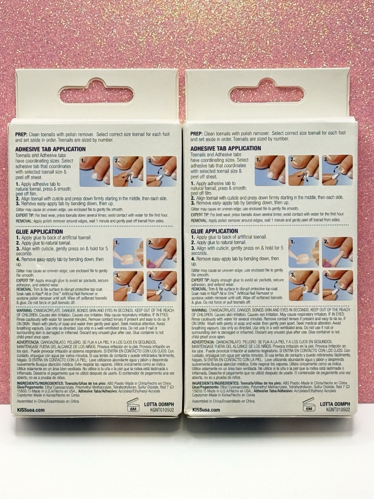 Kiss Gel Fantasy Press-On Toenails Pedicure Hot Pink Glitter 64271 Lot Of 2