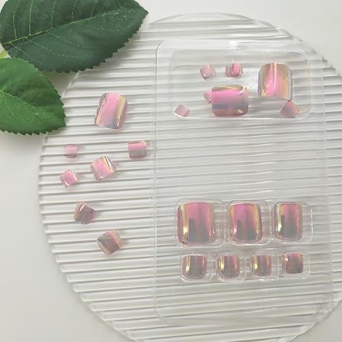 Short Press on Toenails Cat Eye Toe nails Press ons Pink Fake Pink Chrome