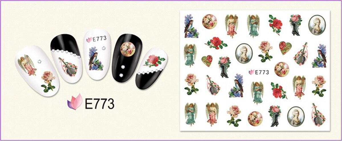 Nail Art 3D Decal Stickers Angel white red flowers heart birds E773