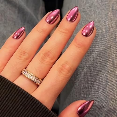 Short Almond Nails – Metallic Baby Pink – Glue – Chrome Press On