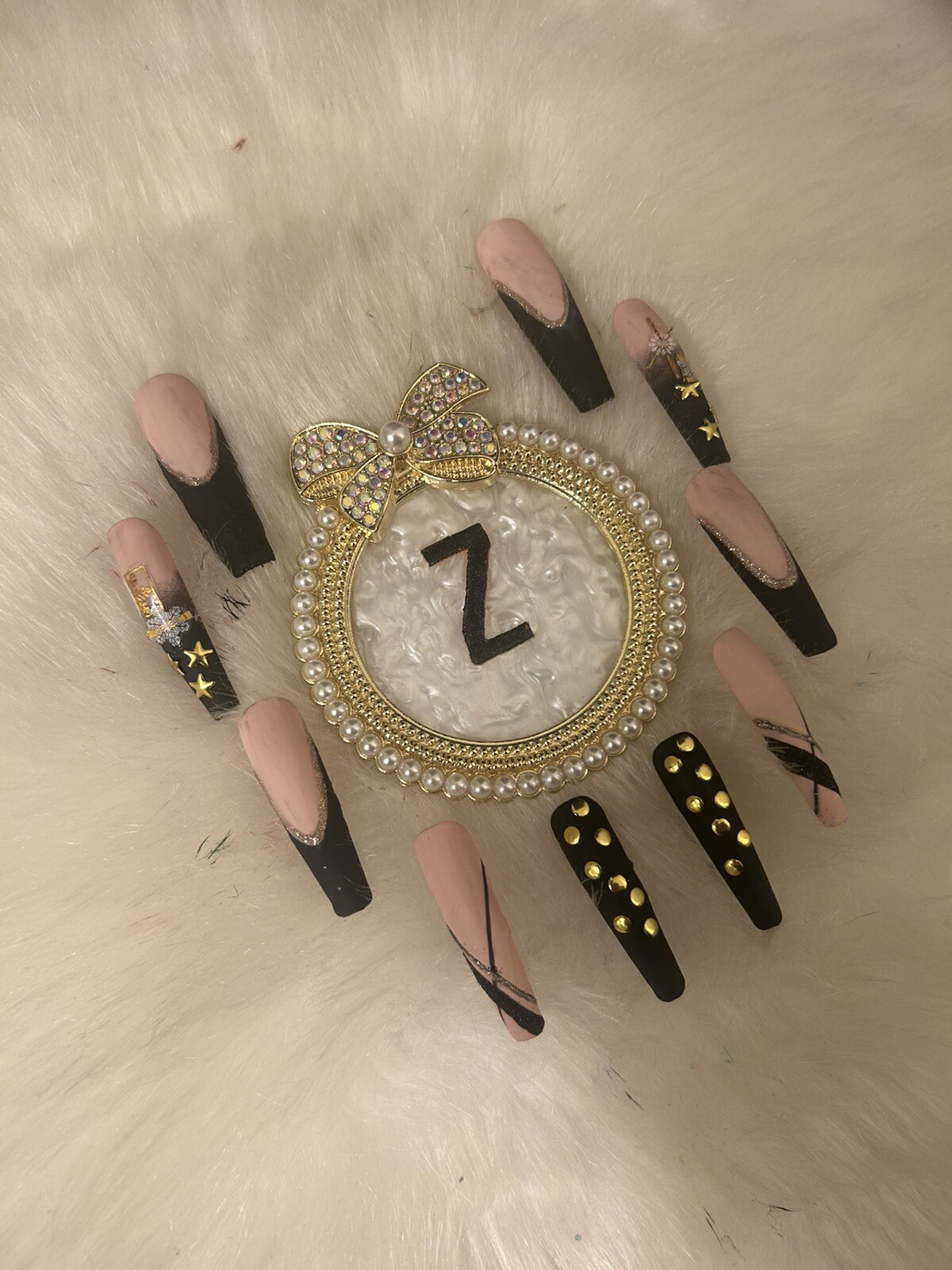 Z NAILZ! Gorgeous Handmade 2XL Matte Black/Gold/Nude Press On Nails 💅