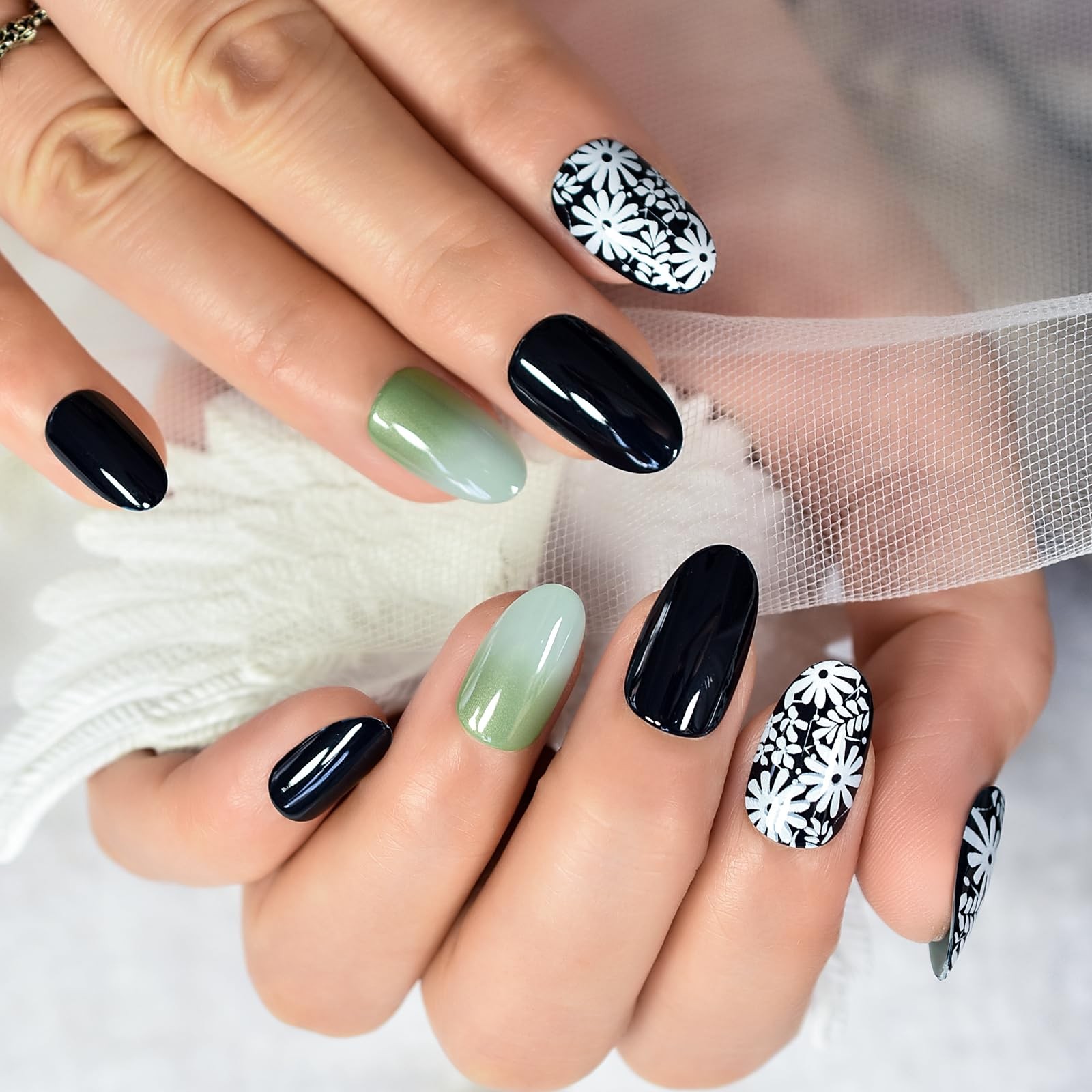 Pre-design Press On Nails Glossy Black Green False Nails Medium Long Nail Art…