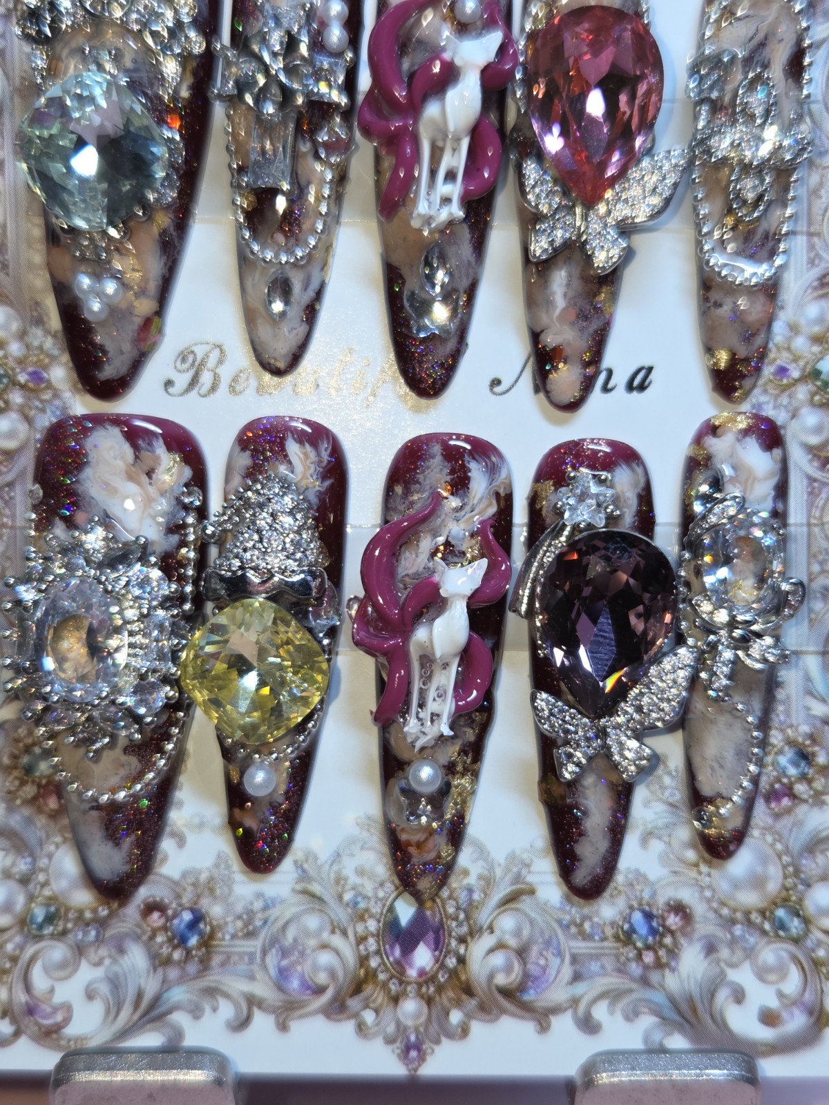Press On Nails Handmade Large Dark pink, large charms, Chinese Fox