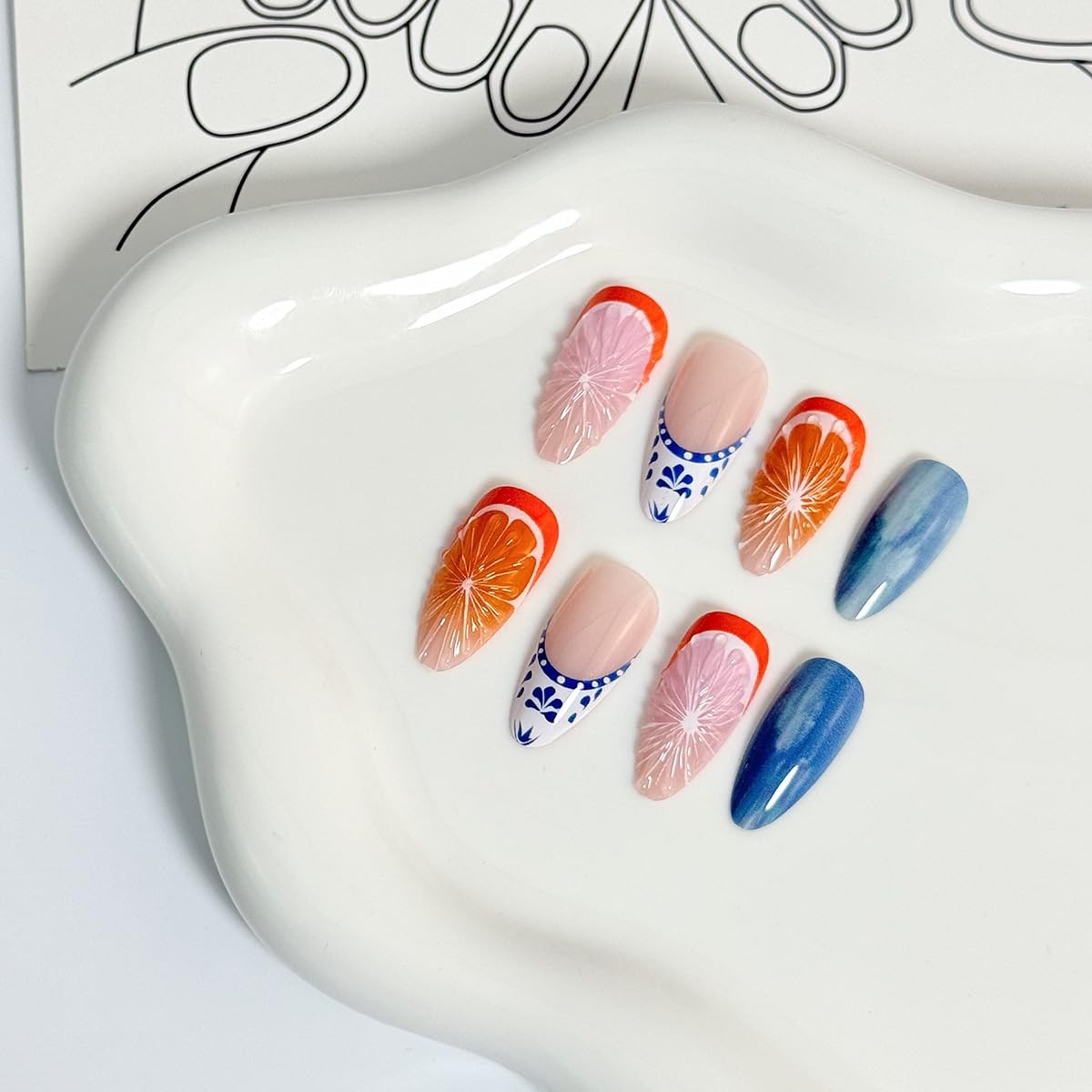 24pcs Orange Medium Almond Fake Nails Blue White French Tip Press on Nails Li…