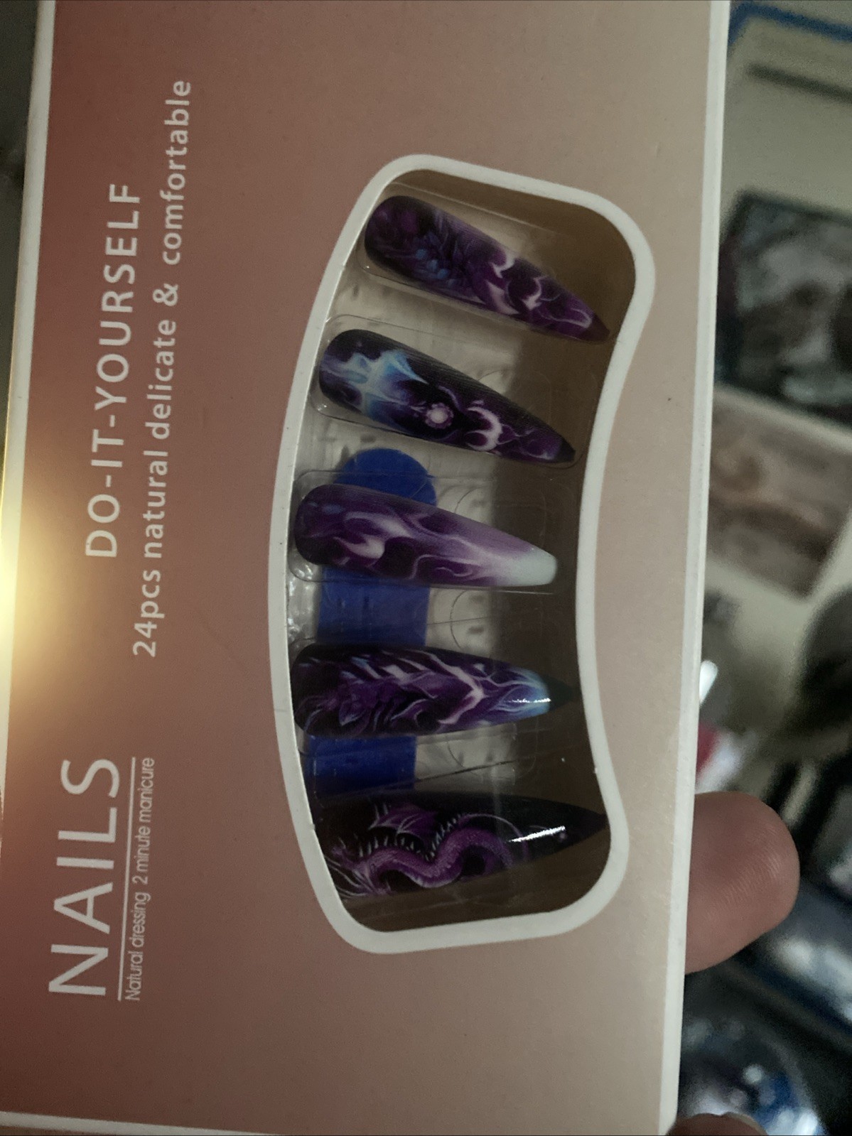 24 Pc DRAGON Purple Blue Xtra Long Stiletto Press On Nails Glue And Tabs Incl