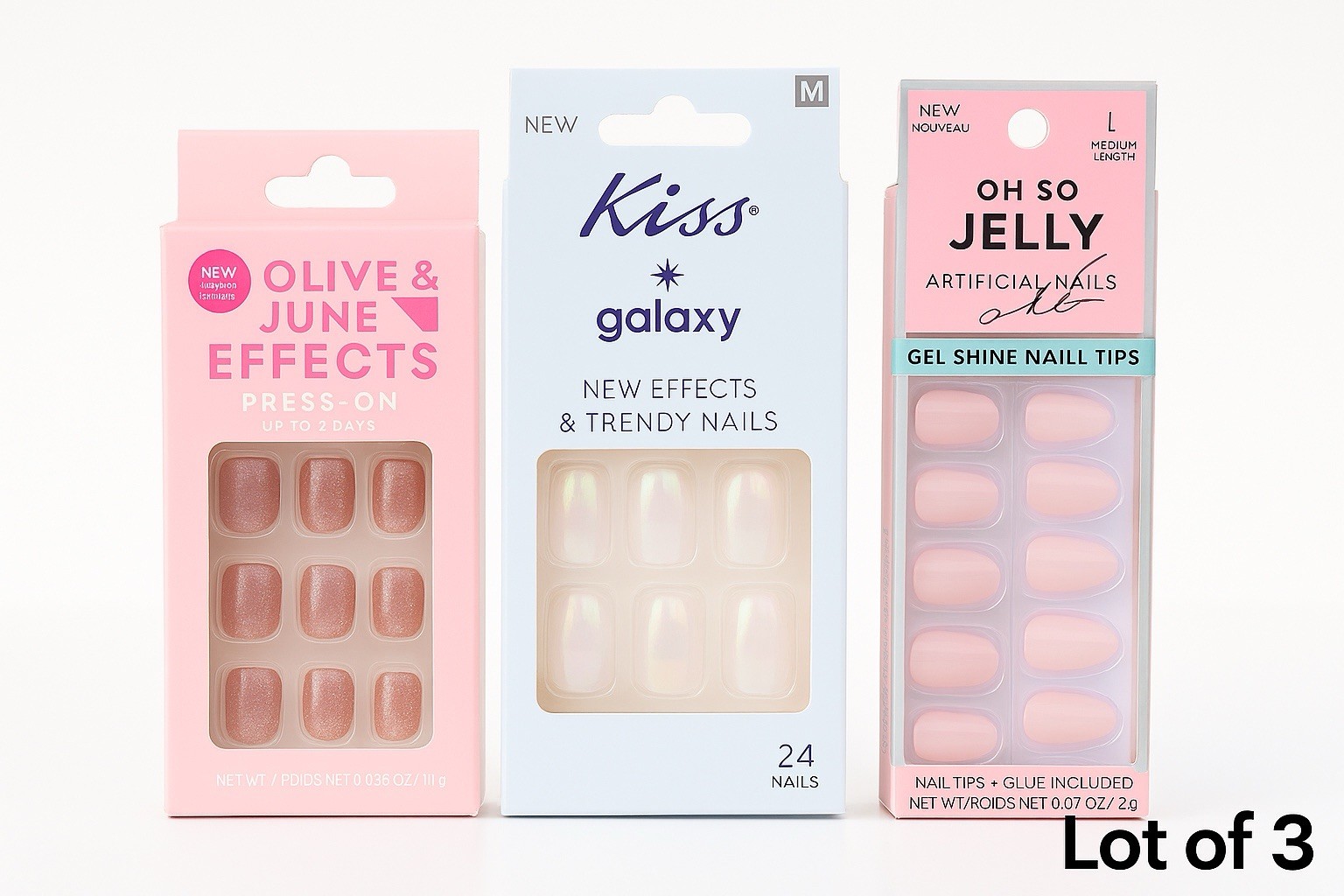 Lot Of 3 Press On Nails Sets OLIVE & JUNE EFFECTS, Kiss galaxy, Oh So Jelly