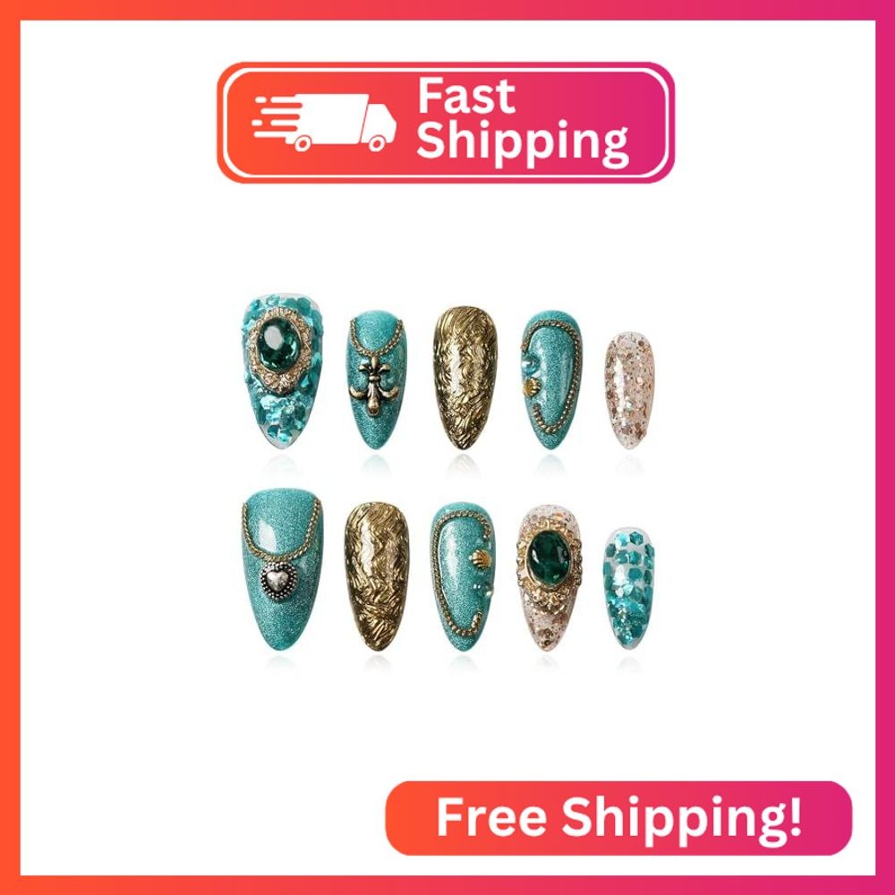Tesytto Handmade 3D Press on Nails Medium Almond Luxury Vintage, Size S