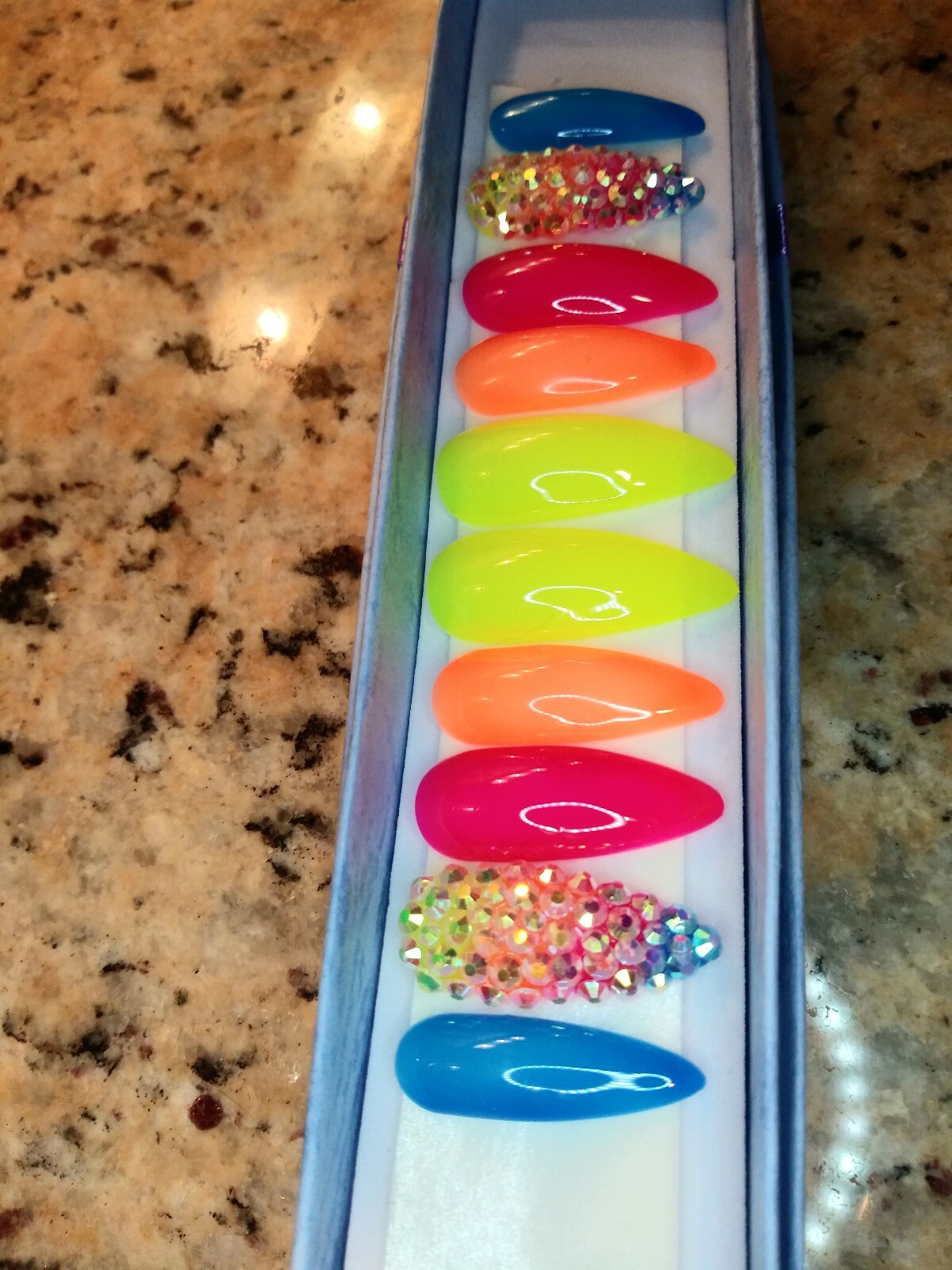 Neon Rainbow ombre bling nails w/ crystals Gel Press On jelly nails full set