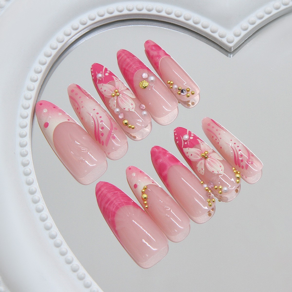 3D Flower Press on Nails Long Coffin Fake Nails Set Multi-Size XS/S/M 30Pcs