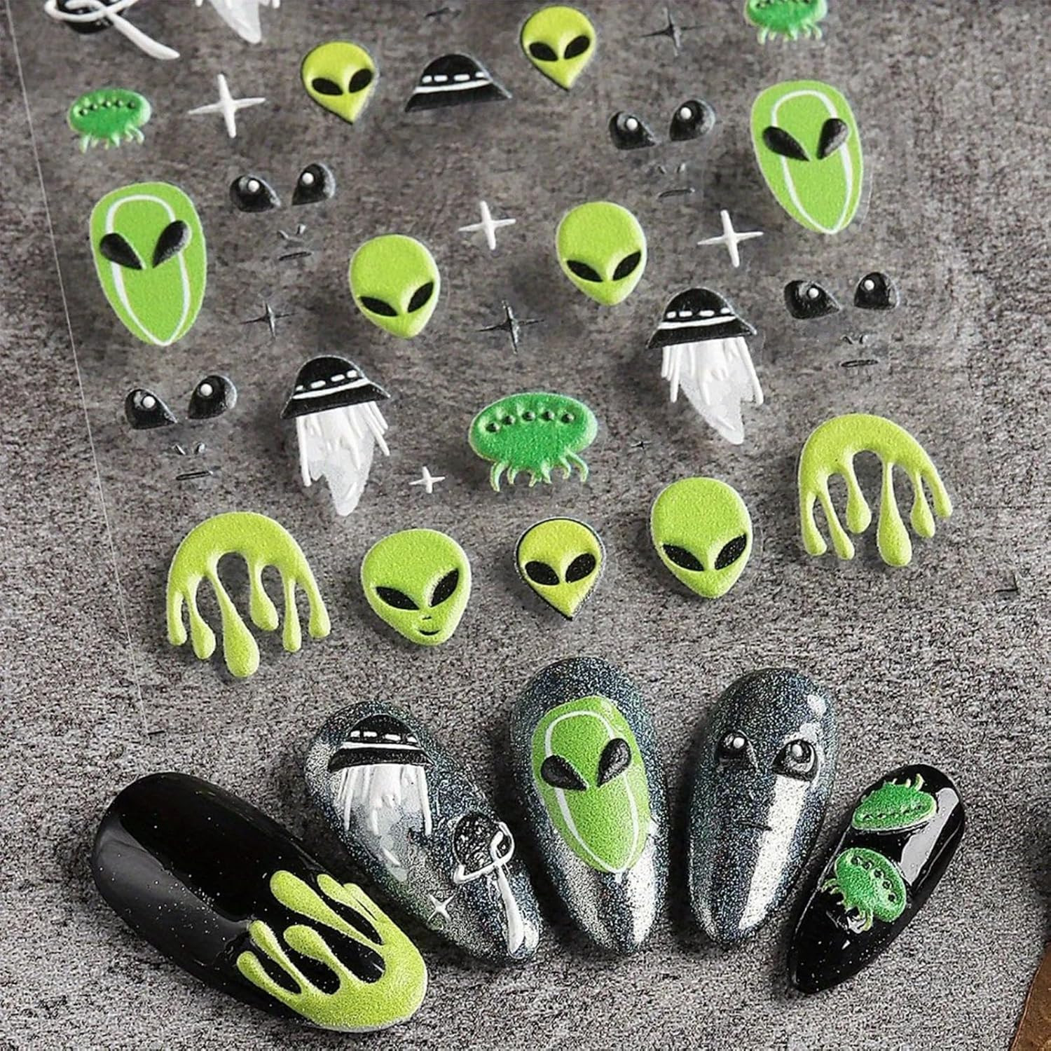 Embossed Alien Nail Art Stickers – 5D ET UFO Astronaut Rocket Design Self