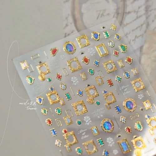 1 Sheet Gold Nail Stickers 3D Self-Adhesive Embossed Gems Nail Art Color-27