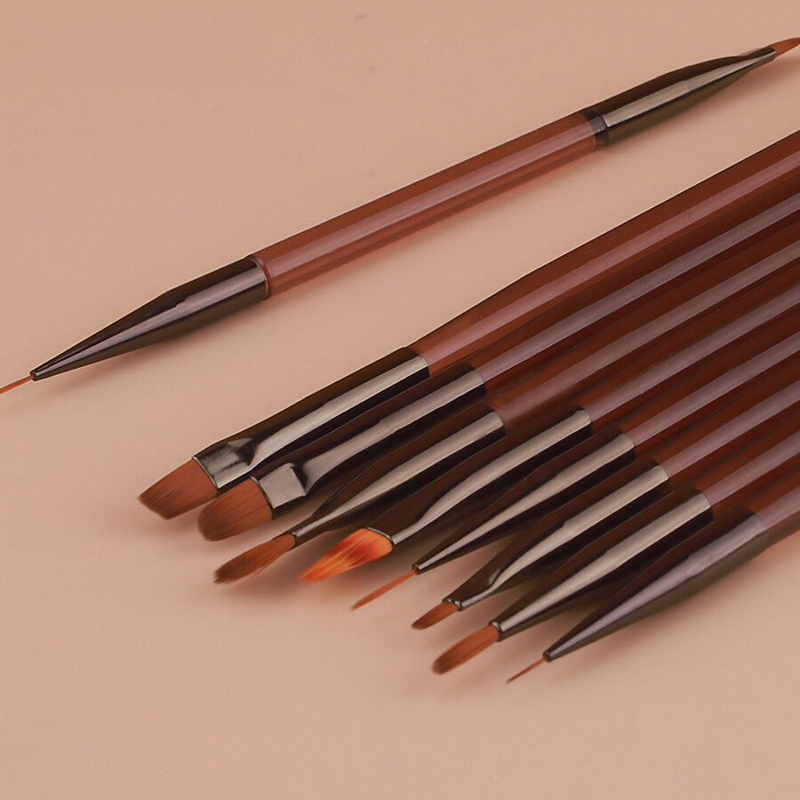 9Pcs Brown Nail Art Brush Set for Gel, Fine Line, Painting and Detail Work Pens