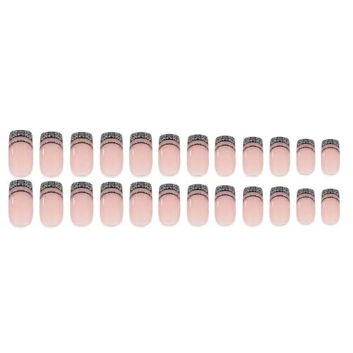 Black French Tip Press on Nails Short Square Fake Nails with Design Style014
