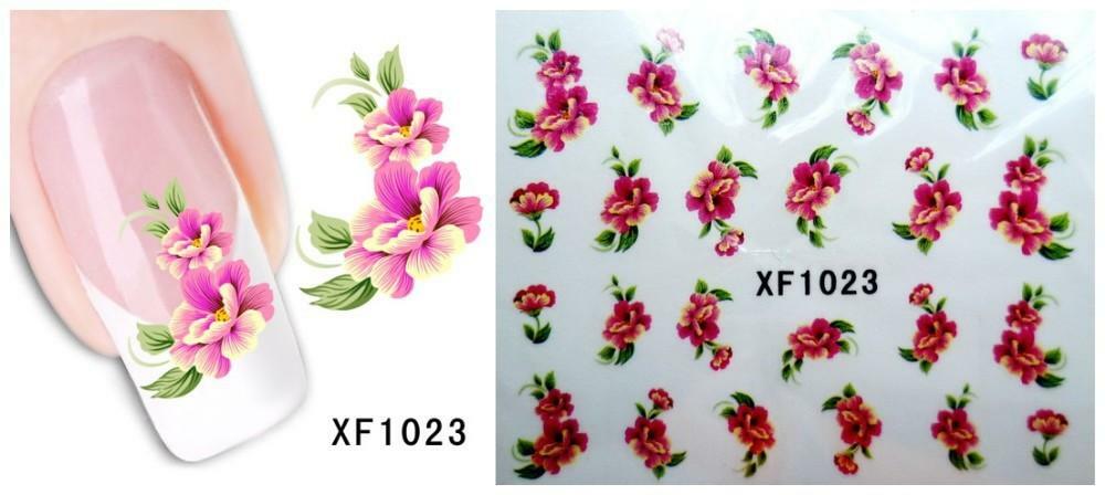 Nail Art Water Transfer Sticker Decal Stickers Pretty Flowers Pink Green XF1023