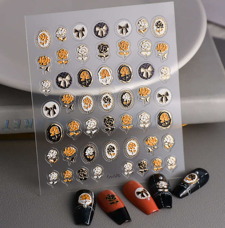5D Embossed Retro Golden Rose Flower Bowknot Nail Art Decor Sticker Co70 NH23