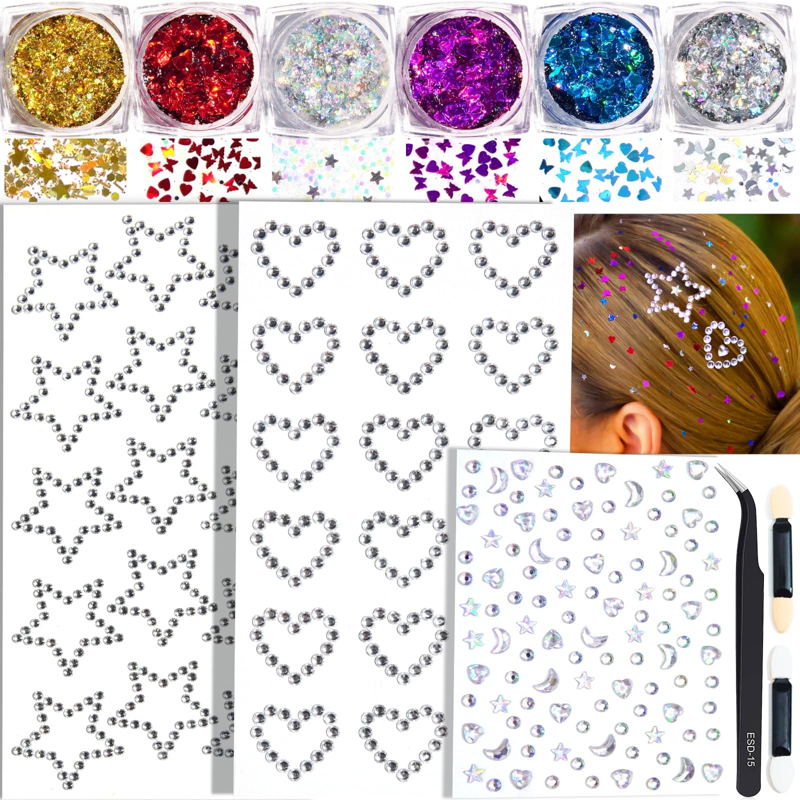 Face Glitter Body Glitter Gel with Face Heart Star Stickers, 6 Colors Hair Gl…
