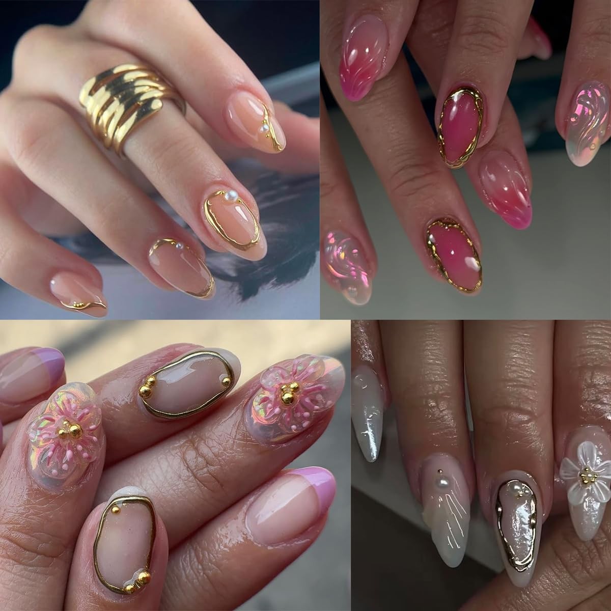 5D Embossed Metal Nail Art Stickers, 4Sheets Gold Silver Irregular Multicolor