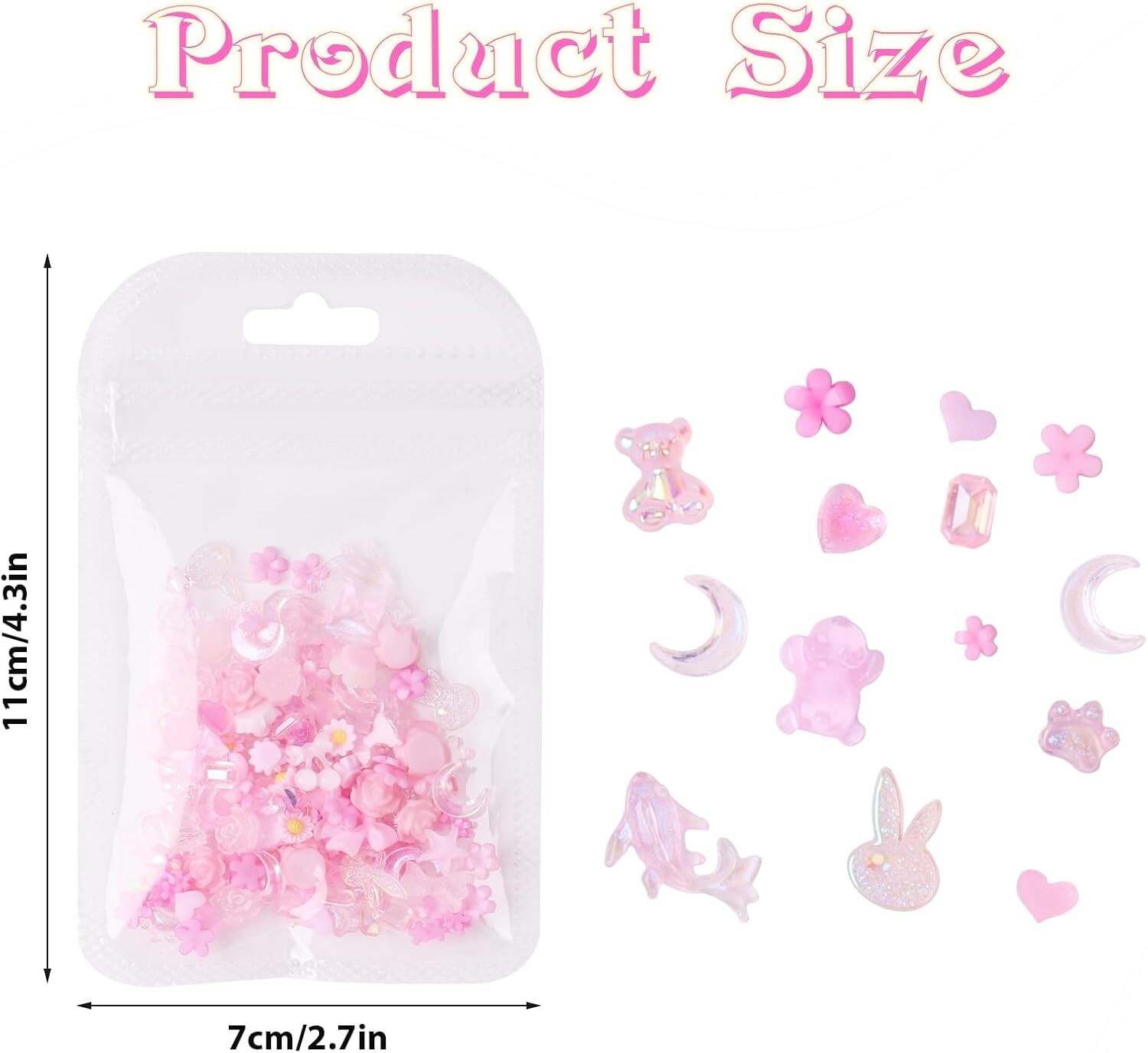 100 PCS 3D Nail Charms Butterfly Bow Star Heart Bear Shiny Jewels Y2K with 3D Fl