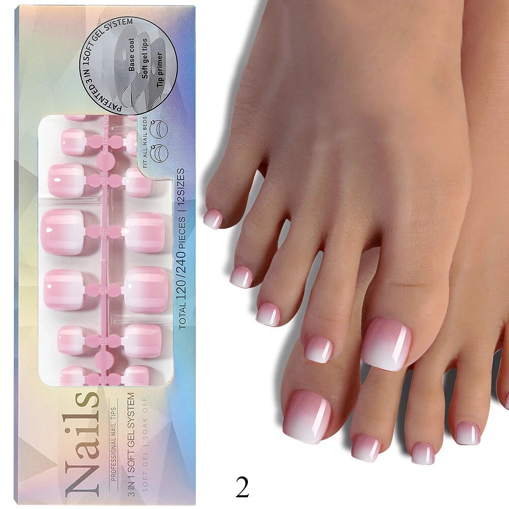 Ombre Pink & White Fake Toenail Tips Press On Nails 120/240Pcs | 12sizes