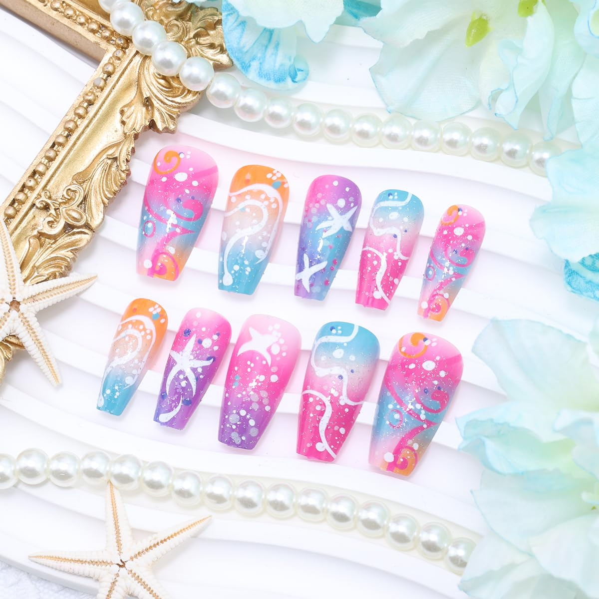 Summer Press on Nails Medium Coffin Fake Nails Summer Ocean False Nail with Star