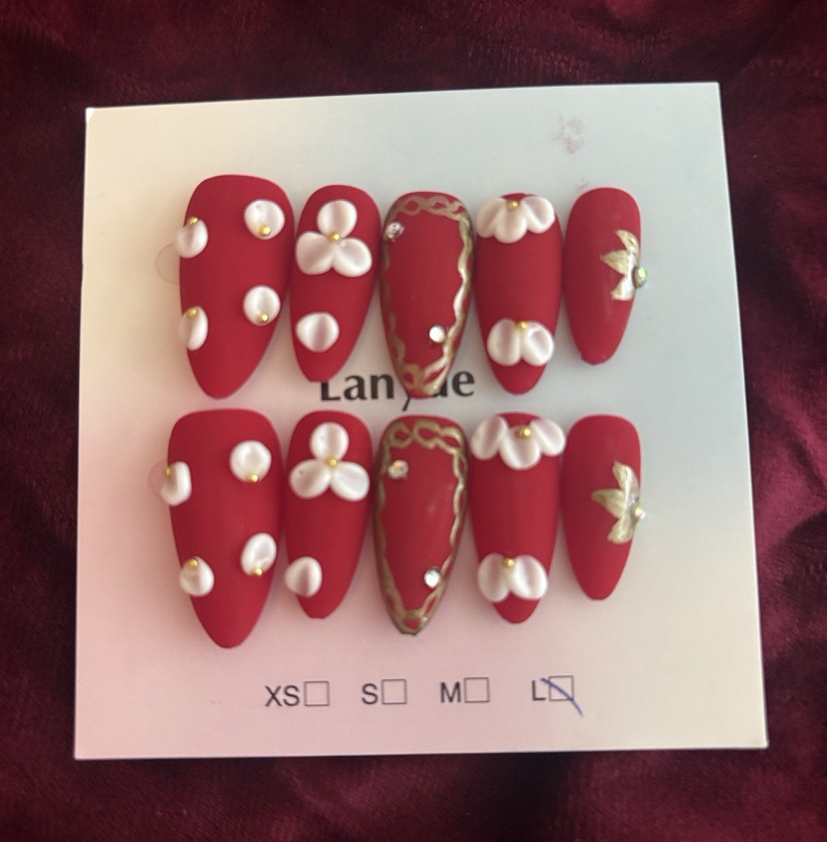 LanLei Press-On Nails Set Red/White/Gold 3D Flowers Pre-Designed Long Almond