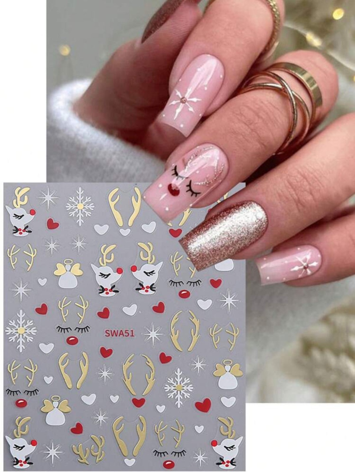 Christmas Nail Art Stickers Reindeer Antlers Snowflakes Hearts Gold Silver SWA51