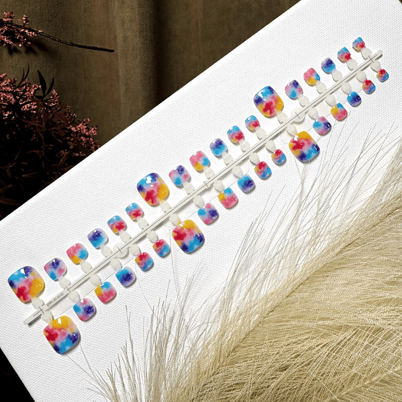 72Pcs-Short Square Rainbow Watercolor Tie Dye Toe Fake Press on Nails Set