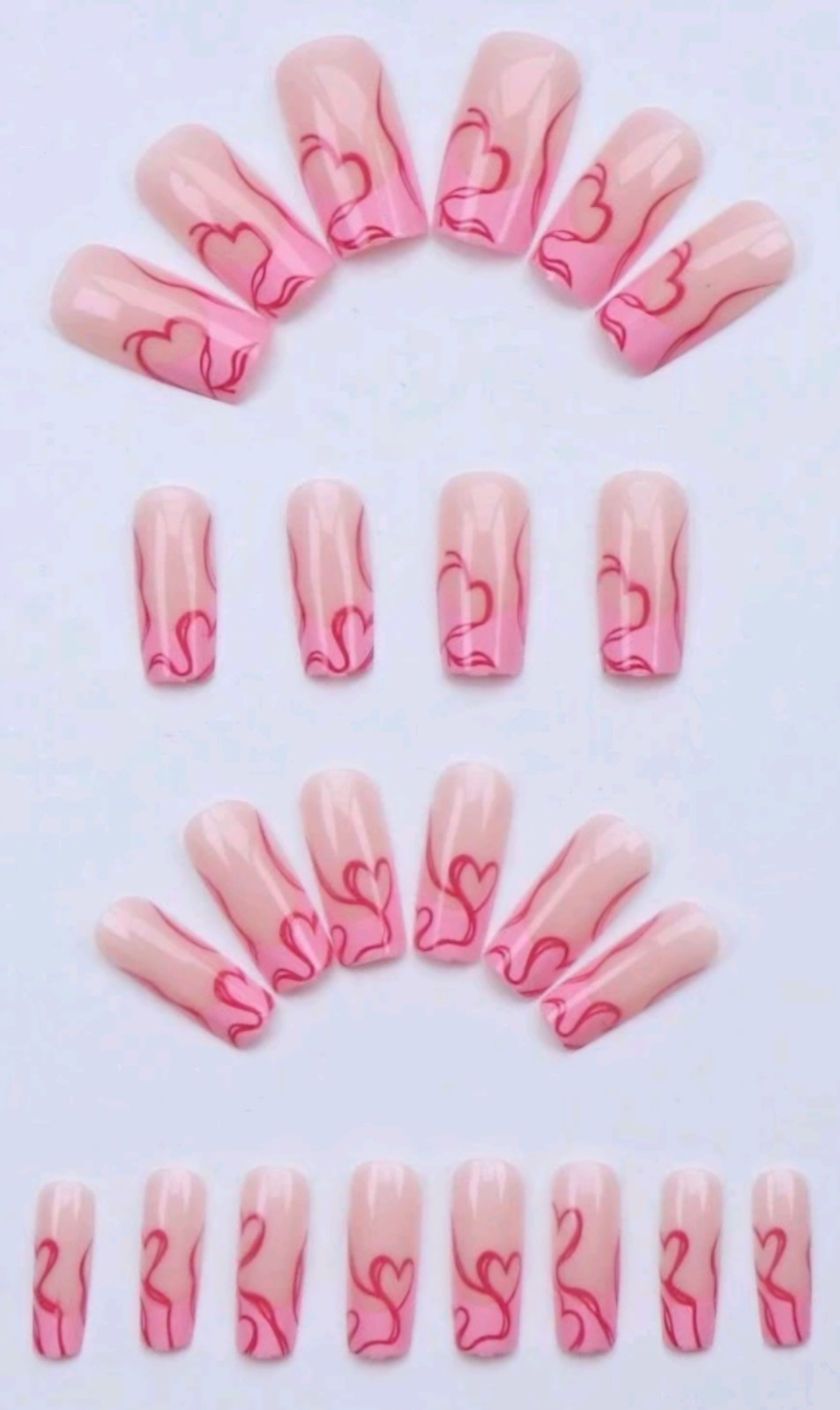 Press-On Nails Clear Pink French Tips w/Dark Pink Hearts Medium/Long Coffin