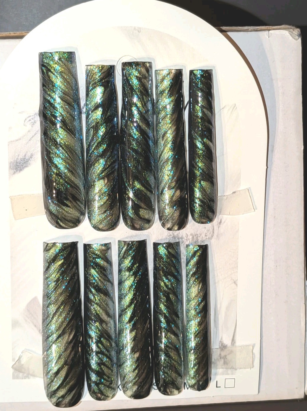 Hand crafted Black/Green custom cateye 10pc 3xl acrylic press on nails sz Medium