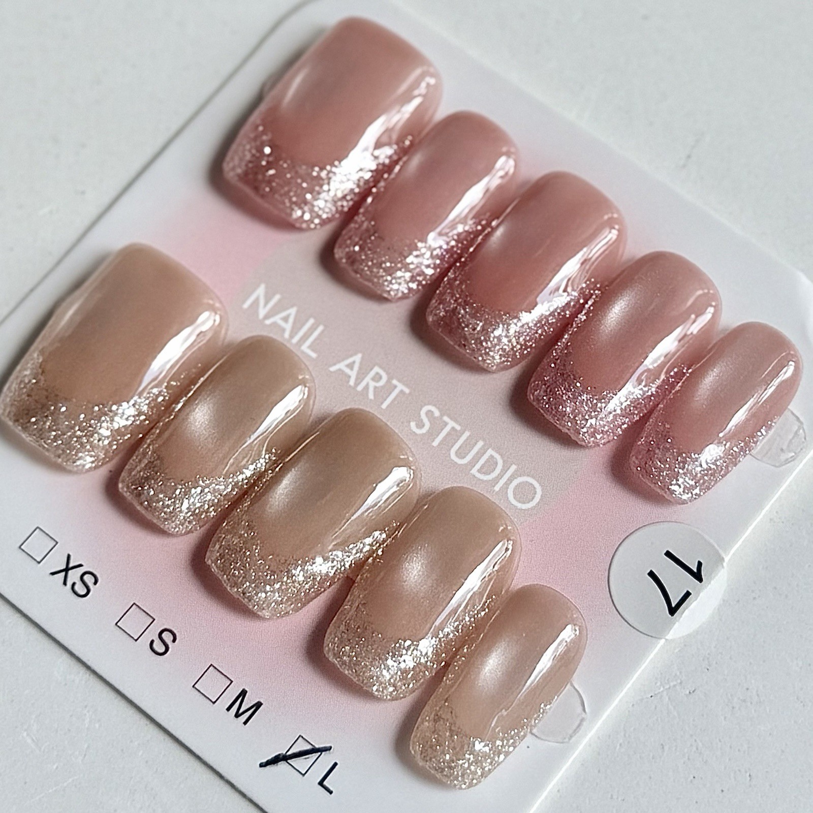 Handmade Gold French Tip Press-On Nails Medium Square Size L Reusable Fake Nail