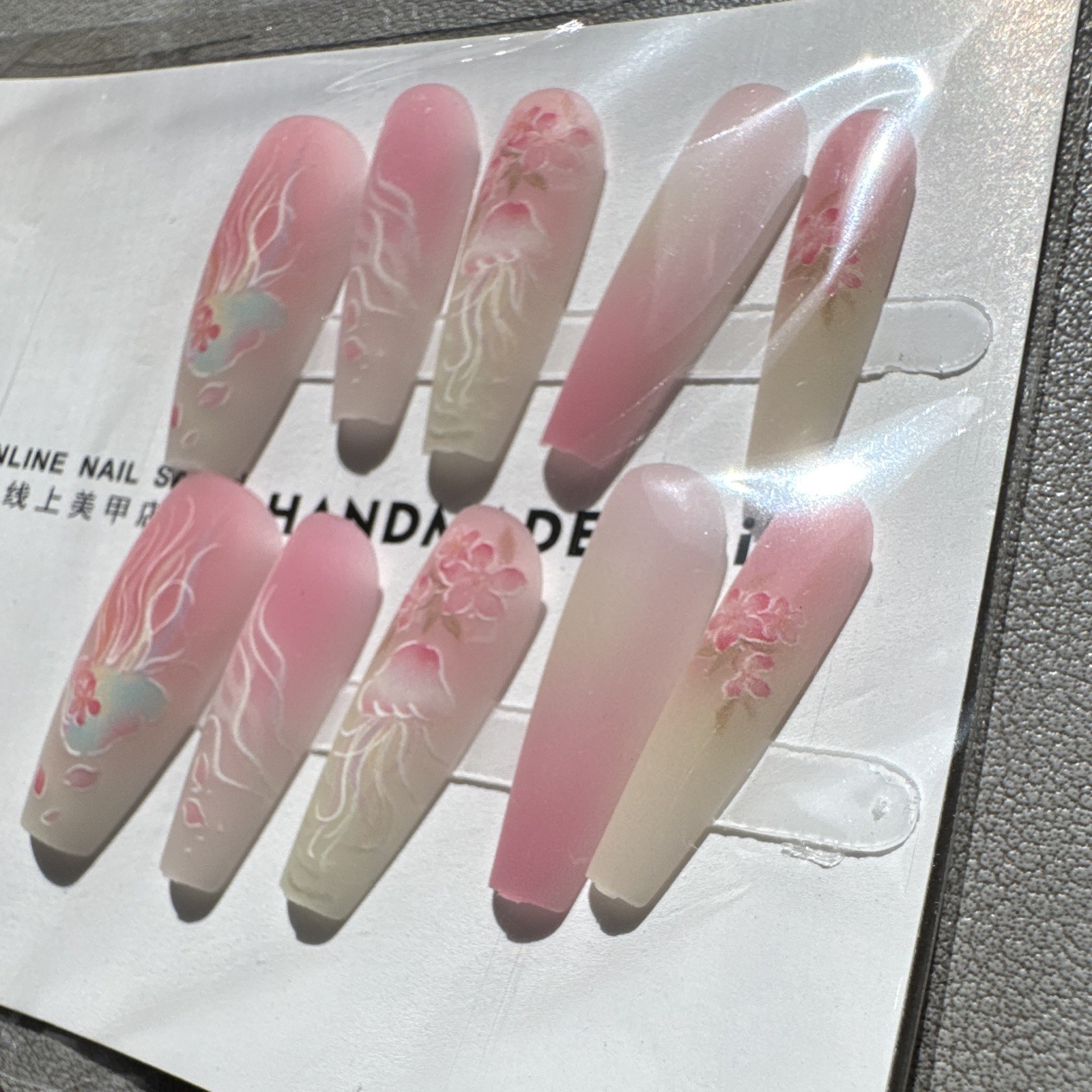 Press-On Nails Long Coffin Pink/White Ombre 3D Floral Full Cover Pre-Designed