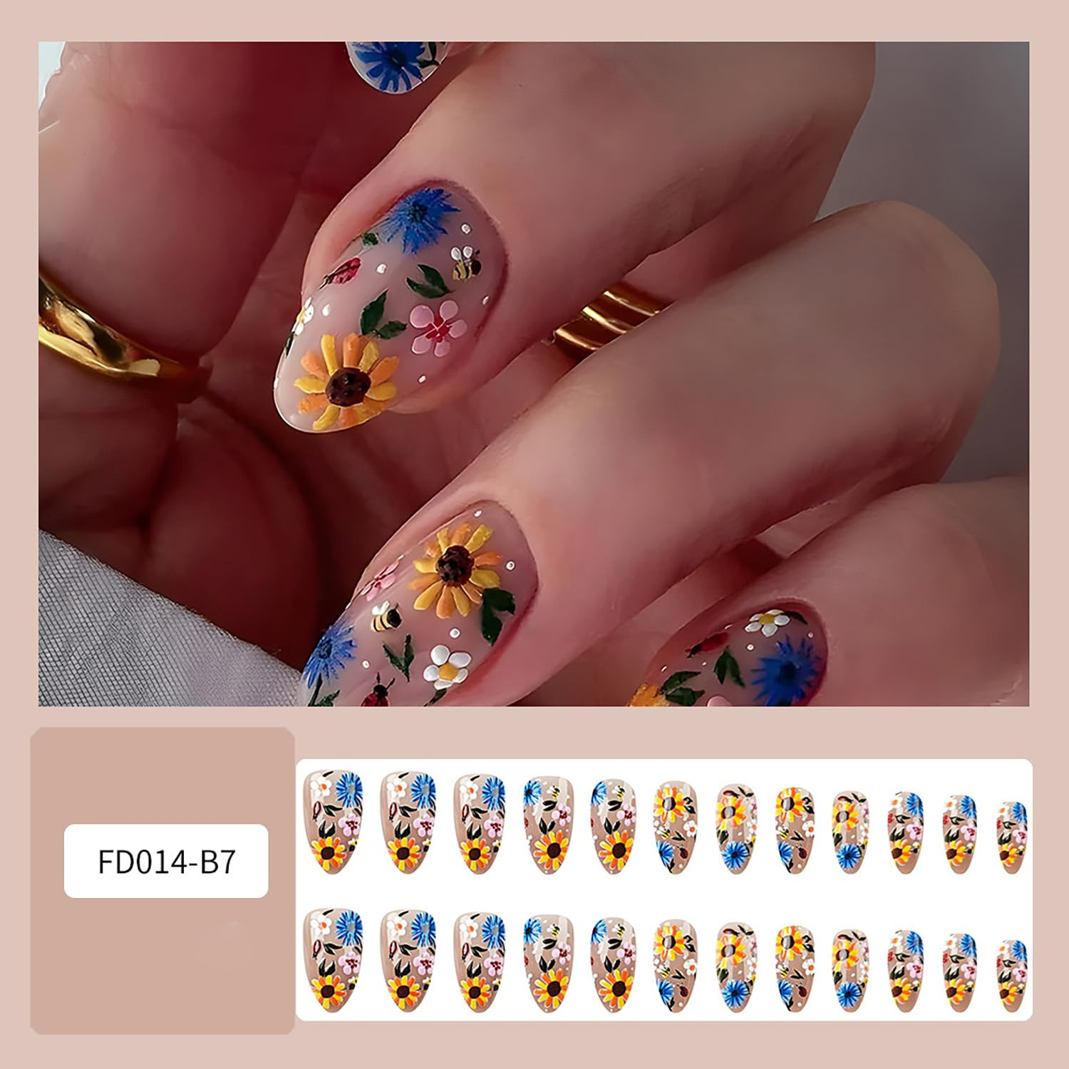 Flower Press on Nails Almond Medium Spring False Nails 3D Florals Design Full Co