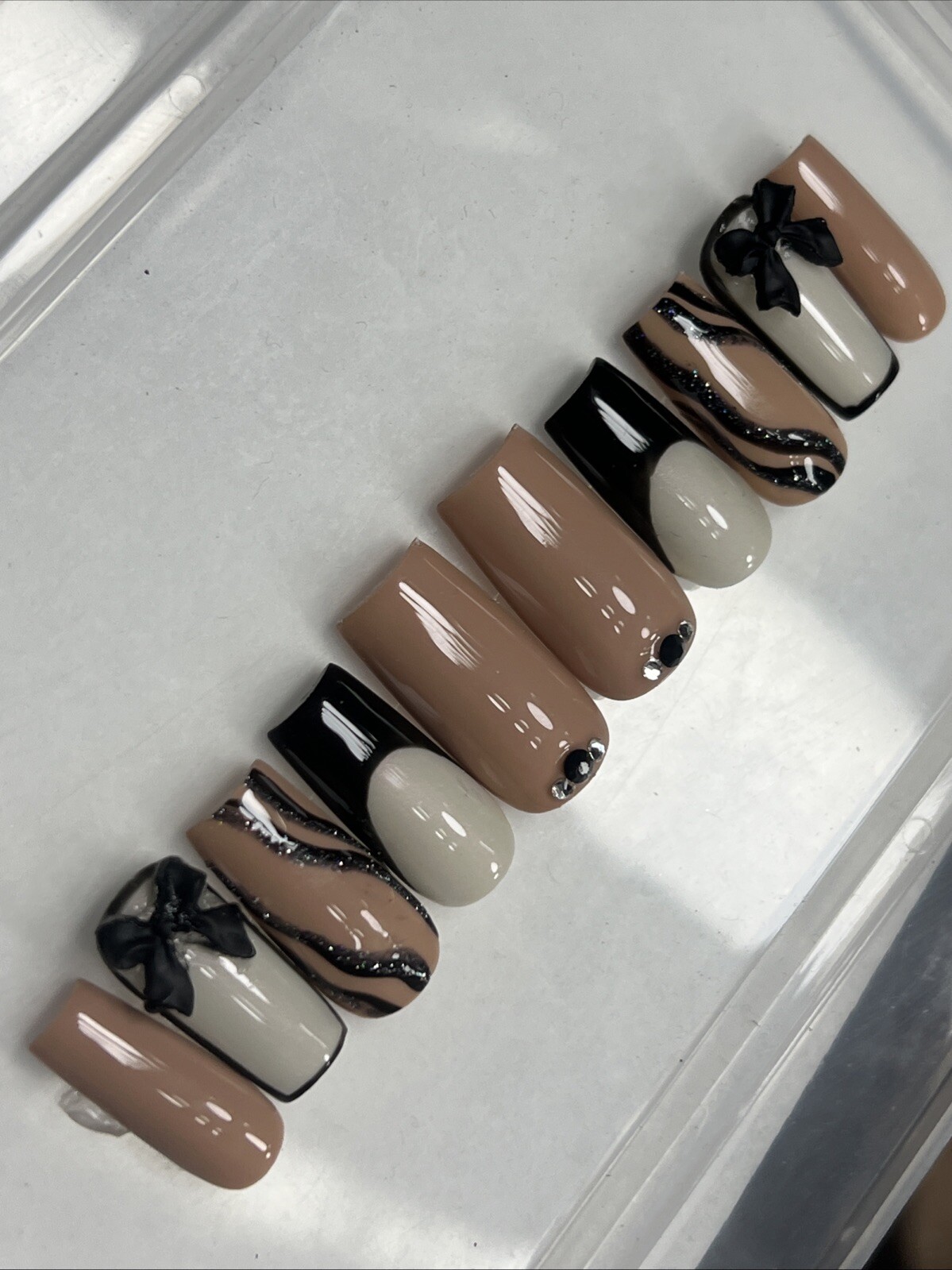 🤍🖤 CUSTOM Press On Nails FRENCH BLACK NUDE BLING 10p SET W Kit