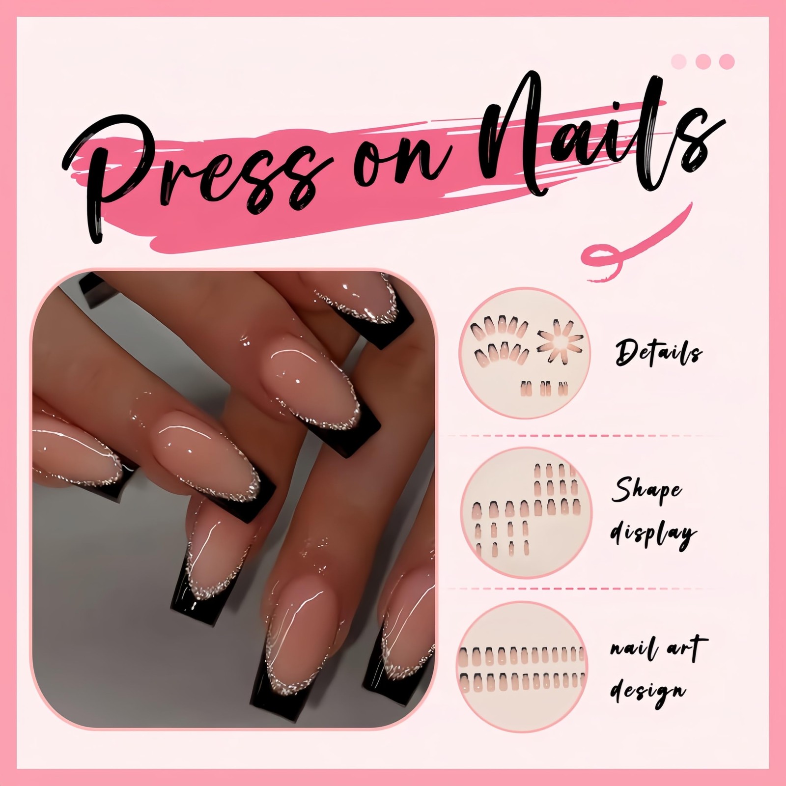 24Pcs Black French Tip Press on Nails Medium Length Square Fake Nails with Gl…