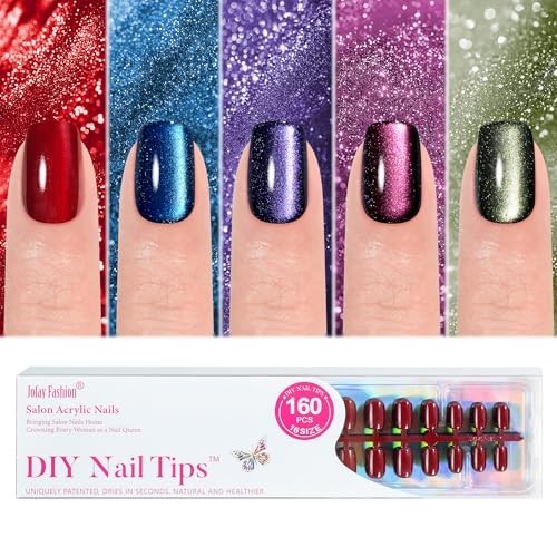 Cat Eye Press on Nails – 5 Styles, 160Pcs Glitter Acrylic Fake Nails for Women