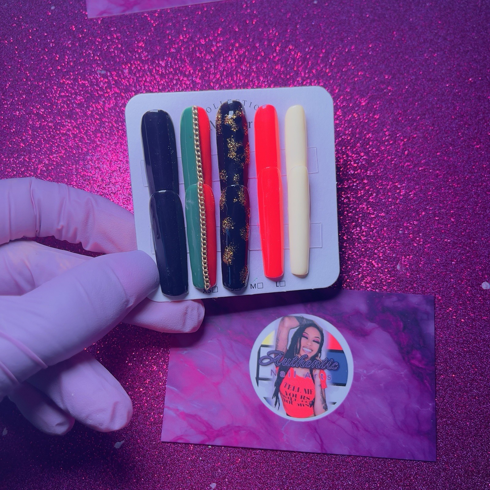 Authentic Nail Arts by Dia Long Coffin Press-On Nails Glitter Black Green Red
