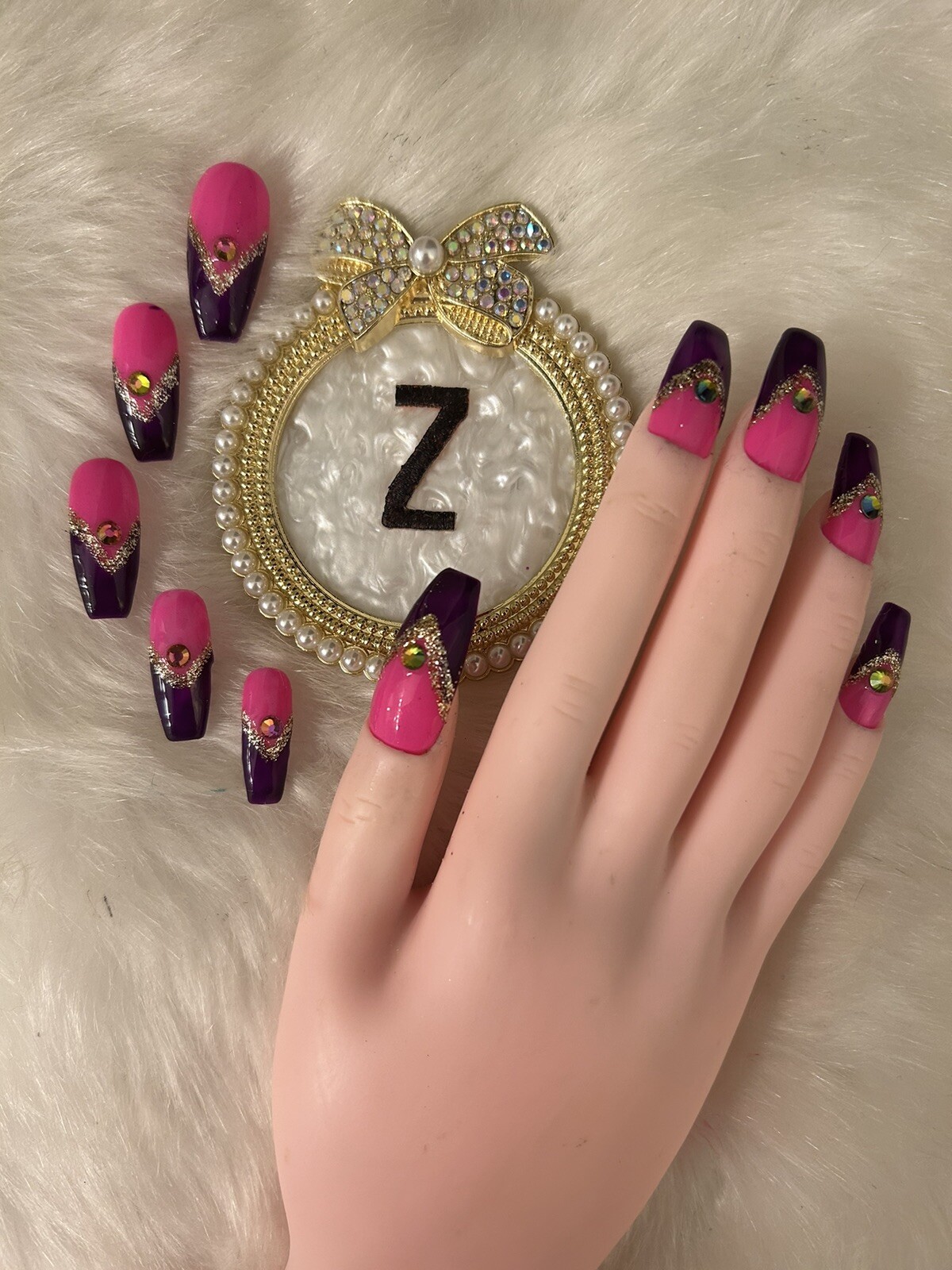 Z NAILZ! Gorgeous Set of Handmade Long Coffin Pink/Purple Press On Nails