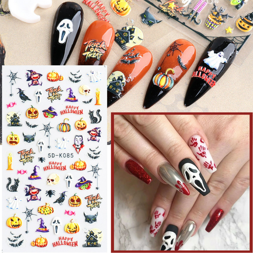 5D Nail Art Stickers Decals Halloween Skull Bones Pumpkin Ghost Spider Web K85