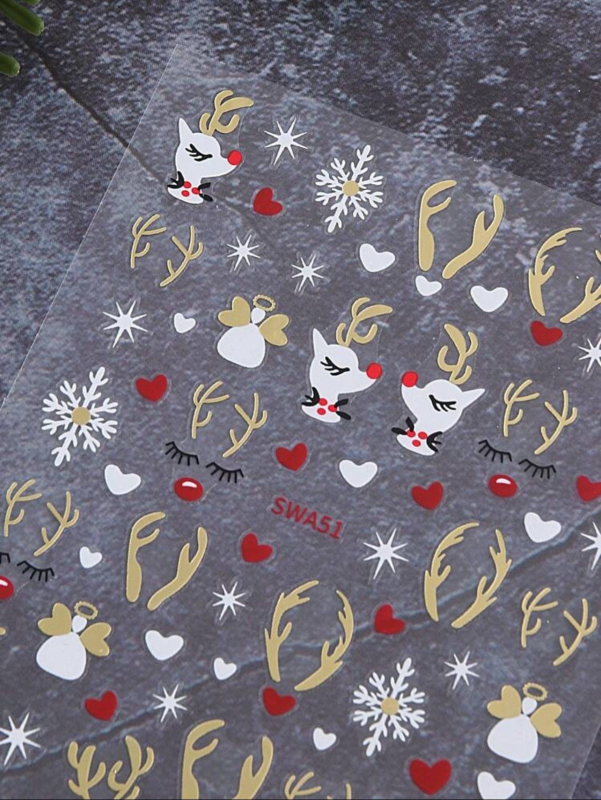 Christmas Nail Art Stickers Reindeer Antlers Snowflakes Hearts Gold Silver SWA51