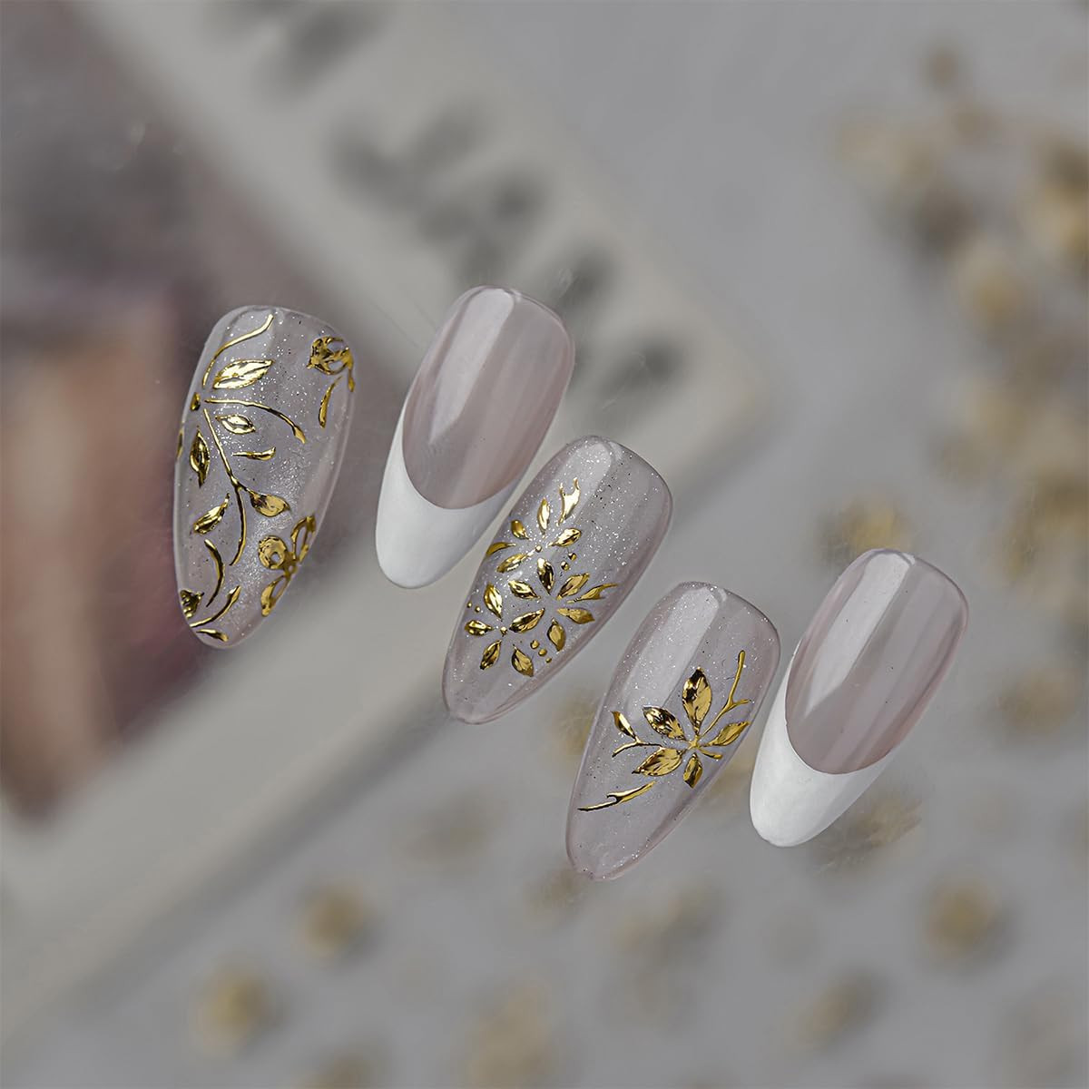 Gold Silver Flower Leaf Nail Art Stickers 2 Sheets Self-Adhesive Metallic Nai…